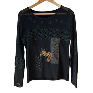 Vintage Y2K Lulu H Paris black‎ patchwork mesh & lace  top